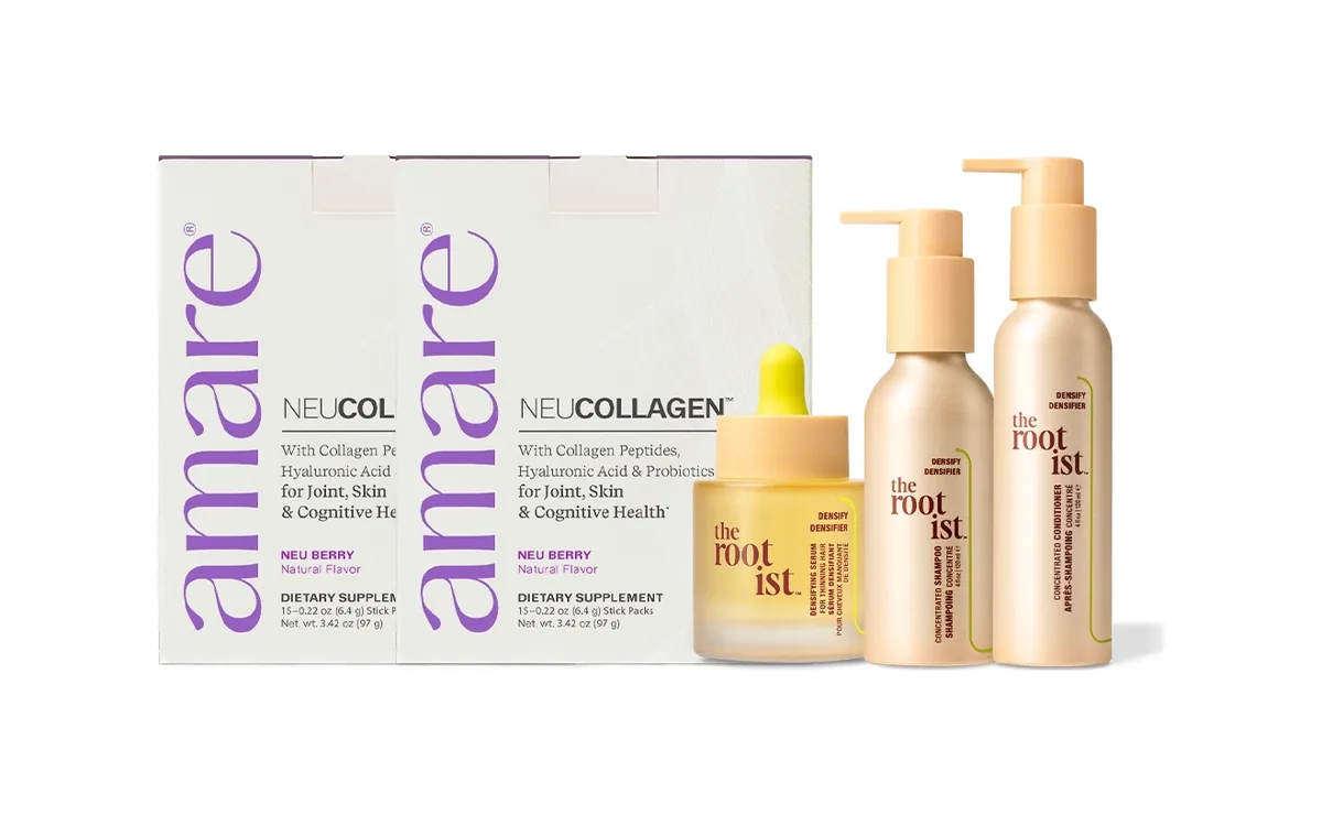 Two boxes of Amare NeuCollagen with The Rootist Densify serum, shampoo and conditioner