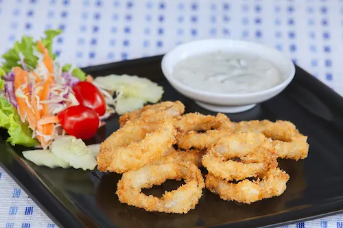onion rings with vegan ranch dressing